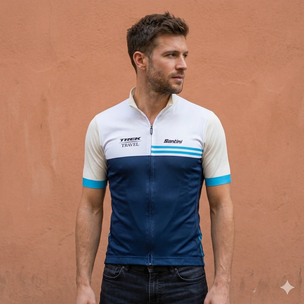 Santini Trek Travel Cycling Jersey Mens Large Blue White Full Zip Short Sleeve